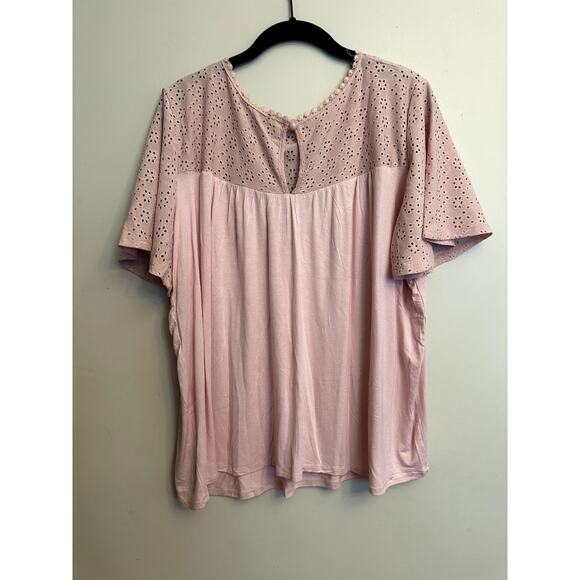 Espresso Blush Pink Eyelet Crochet Boho Top Women’s 1X Flutter Slee - Picture 6 of 6